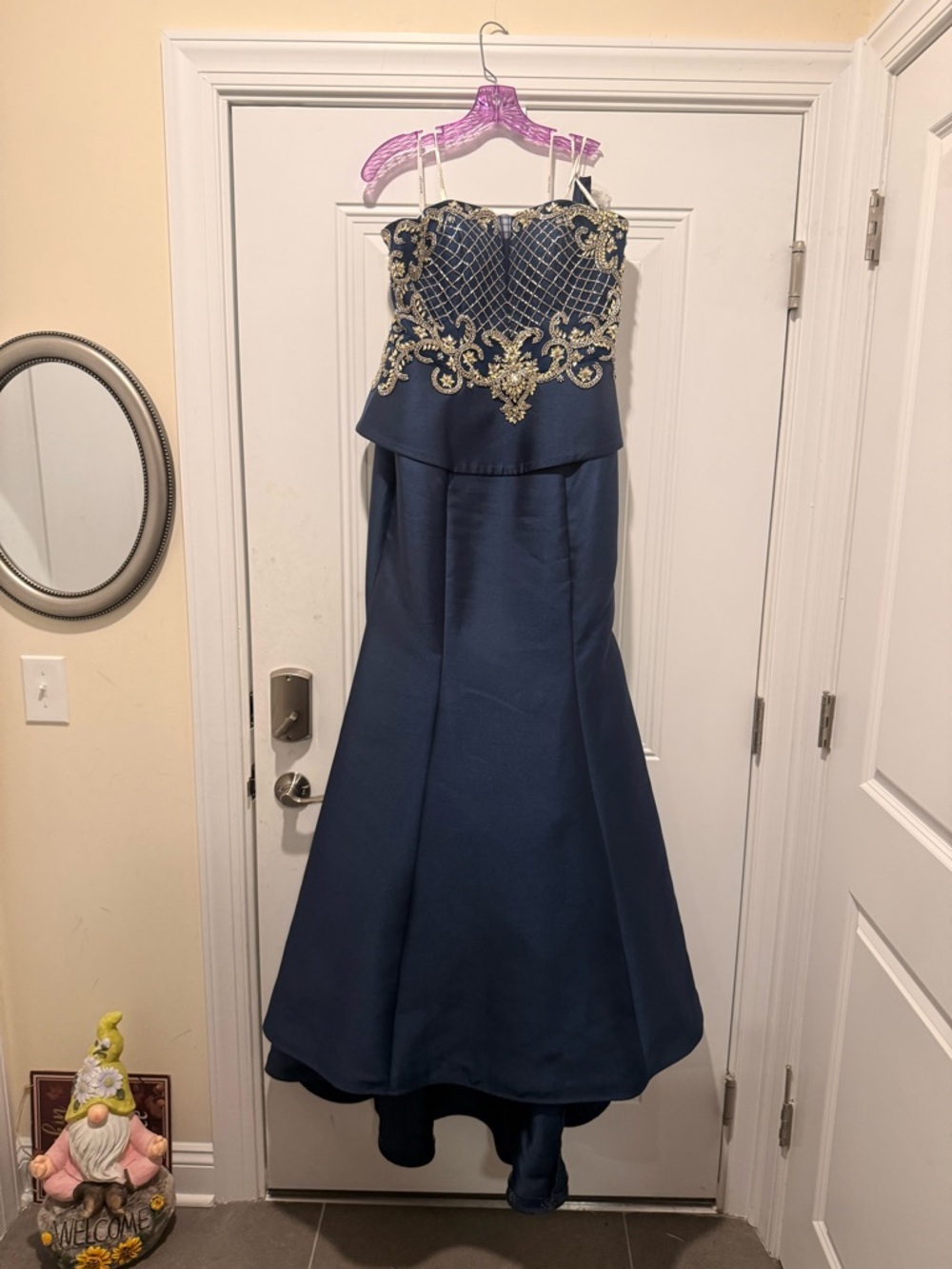 Jovani Navy Blue Prom Gown with Gold Embellished Bodice